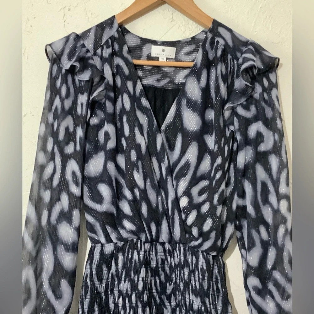 Socialite Metallic Chiffon Smock Waist Ruffle Hem Long Sleeve Mini Dress Sz XS